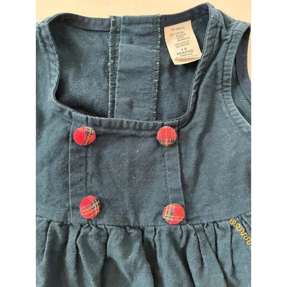 Vintage Toddler Dress Blue with Red Tartan Plaid Applique Heart Ruffles Buttons